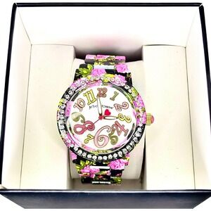 Betsey Johnson Women's Floral Rhinestone Watch Oversized Dial Heart Hand